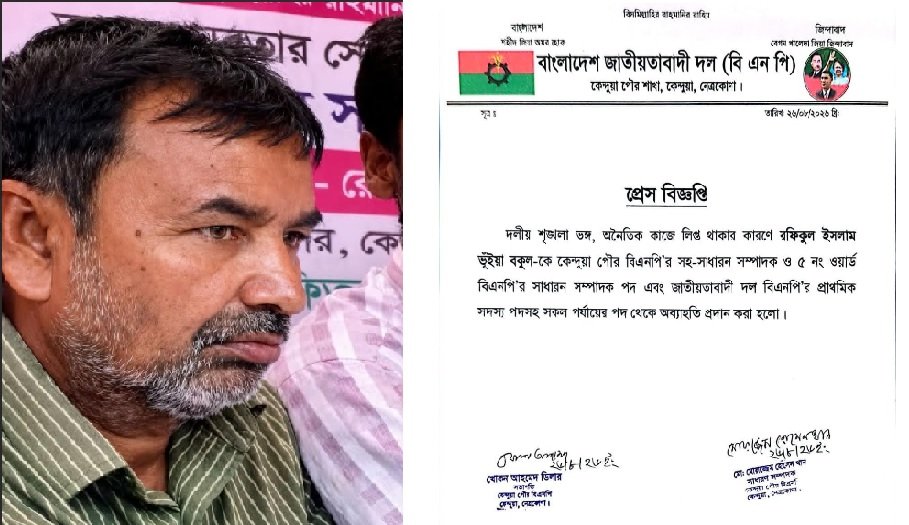 নেত্রকোণায় স্কুলছাত্রী অন্তঃসত্ত্বা হওয়ার ঘটনায় বিএনপি নেতাকে দল থেকে অব্যাহতি